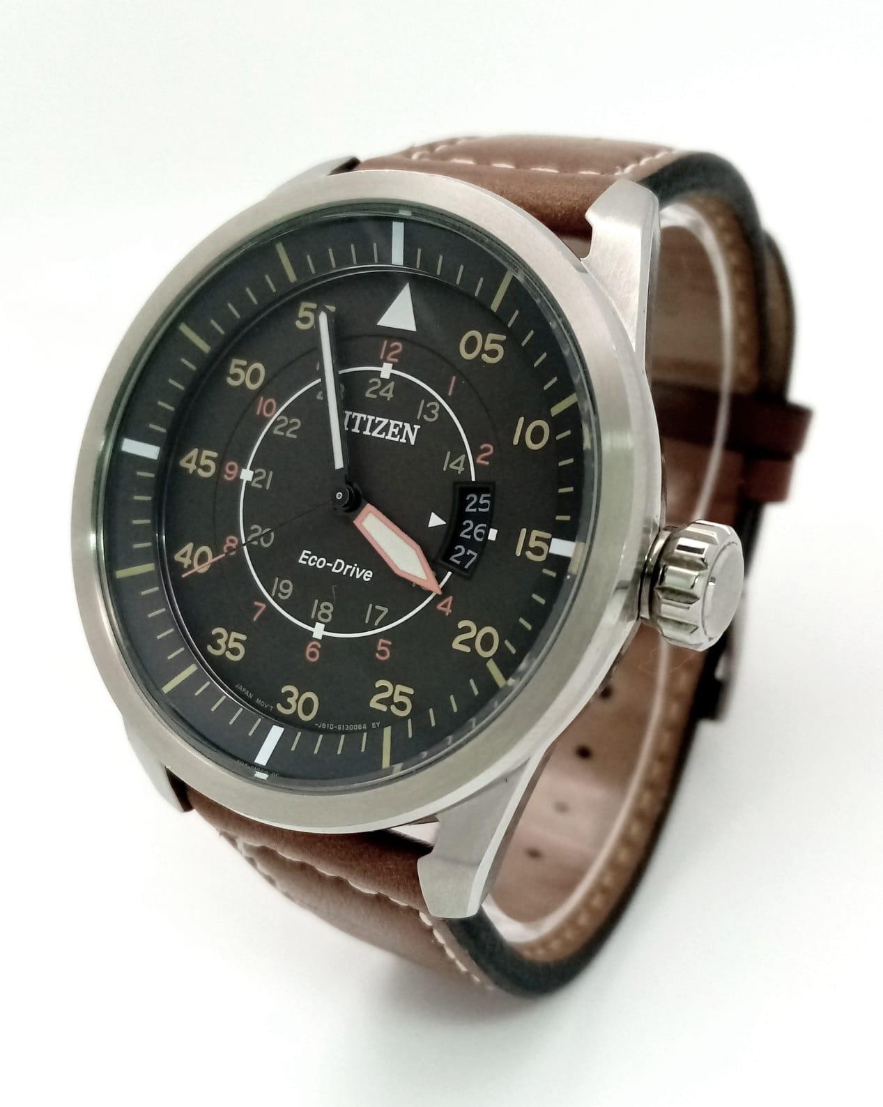 A Citizen Eco-Drive Gents Watch. Brown leather strap. Stainless steel case - 44mm. Black dial with - Image 2 of 7