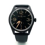 A Bell and Ross Automatic Gents Watch. Black rubber strap. Black stainless steel case - 41mm.