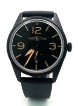A Bell and Ross Automatic Gents Watch. Black rubber strap. Black stainless steel case - 41mm.