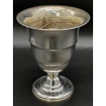 A German Made 835 Silver Cup/Vase. Ridged body with weighted pedestal base. 16cm tall. 12cm diameter