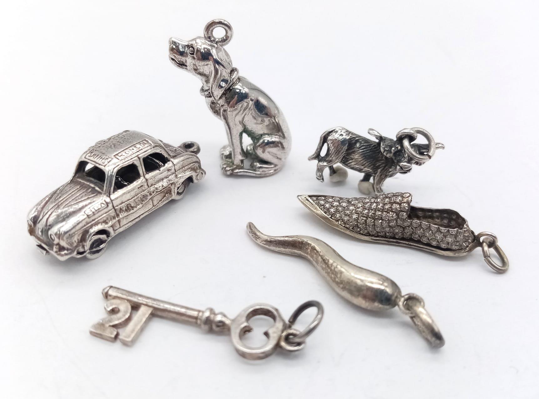 A Parcel of Six Vintage Silver and White Metals Charms. Including Opening Car, Marcasite Style Shoe,