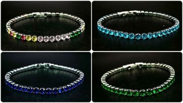 A Fabulous Selection of Four Different Brightly Coloured CZ Stone Tennis Bracelets. Royal and aqua