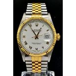 A Bi-Metal Rolex Oyster Perpetual Datejust Gents Watch. Gold and stainless steel bracelet and case -