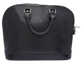 A Louis Vuitton Black 'Alma' Bag. Epi leather exterior with rolled handles, and silver-tone