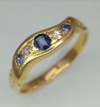 A VINTAGE 18K YELLOW GOLD DIAMOND & SAPPHIRE RING. Size N, 3.8g total weight.
