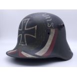 WW1 German Memorial Helmet. Original WW1 German Stahlhelm helmet with post ..War memorial painting.