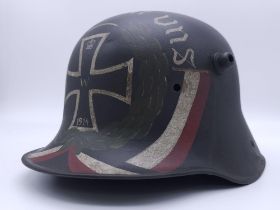 WW1 German Memorial Helmet. Original WW1 German Stahlhelm helmet with post ..War memorial painting.