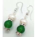 A Pair of Jade and Cultured Pearl Earrings.