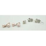 Trio of Sterling Silver Earrings. Featuring pair of double Pink Pearl drops, Floral Silver drops and