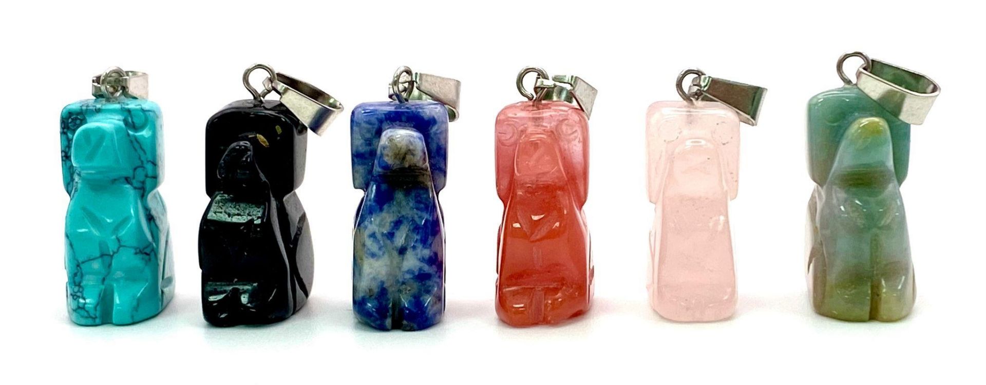 Six Gemstone Dog Pendants. Includes: rose quartz, turquoise and lapis. 3.5cm