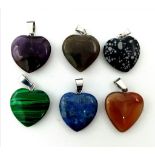 Six Different Gemstone Heart Pendants. Includes: malachite, lapis and amethyst. 3cm