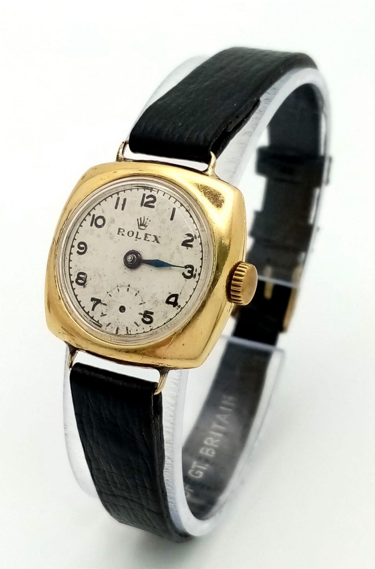 A Rare Vintage (1950s) Rolex Ladies 18k Gold Mechanical Watch. Black leather strap. 18k gold