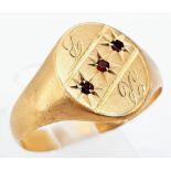 A Vintage 9K Yellow Gold Monogram and Three Stone Garnet Signet Ring. Size S. 2.7g total weight.