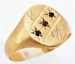 A Vintage 9K Yellow Gold Monogram and Three Stone Garnet Signet Ring. Size S. 2.7g total weight.