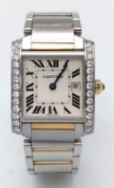 Cartier 'Tank' Quartz Movement Ladies Watch. Set with 30 diamonds on a 34mm face with a stainless