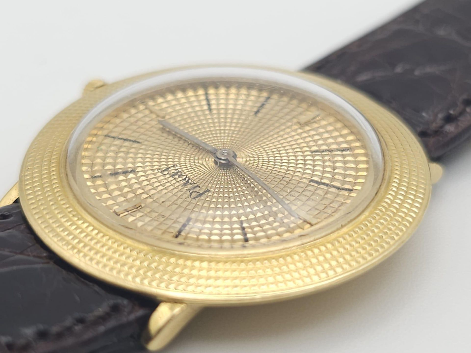 A Vintage 18K Gold Piaget Gents Watch with Hypnotic Dial. Brown crocodile strap. 18k gold case - - Image 13 of 25
