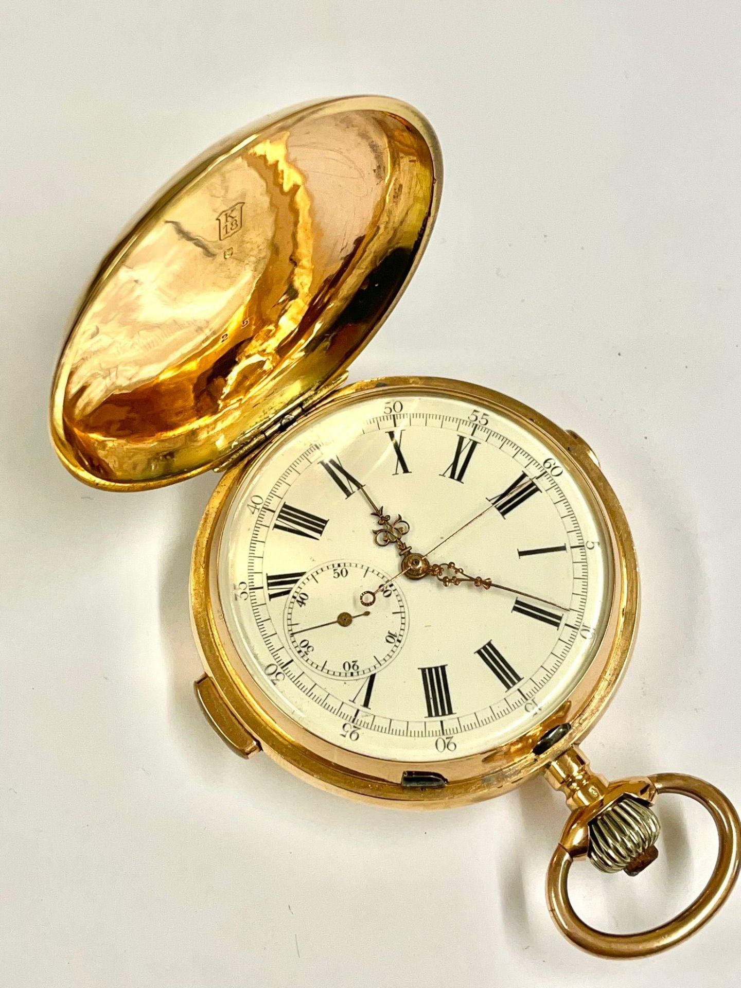 18ct Gold Full Hunter Quarter Repeater Pocket Watch , 55mm case , total weight 107.4g . Dust cover