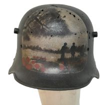 WW1 German M16 Stahlhelm Helmet that was found on the Western Front with Post War Memorial Painting.
