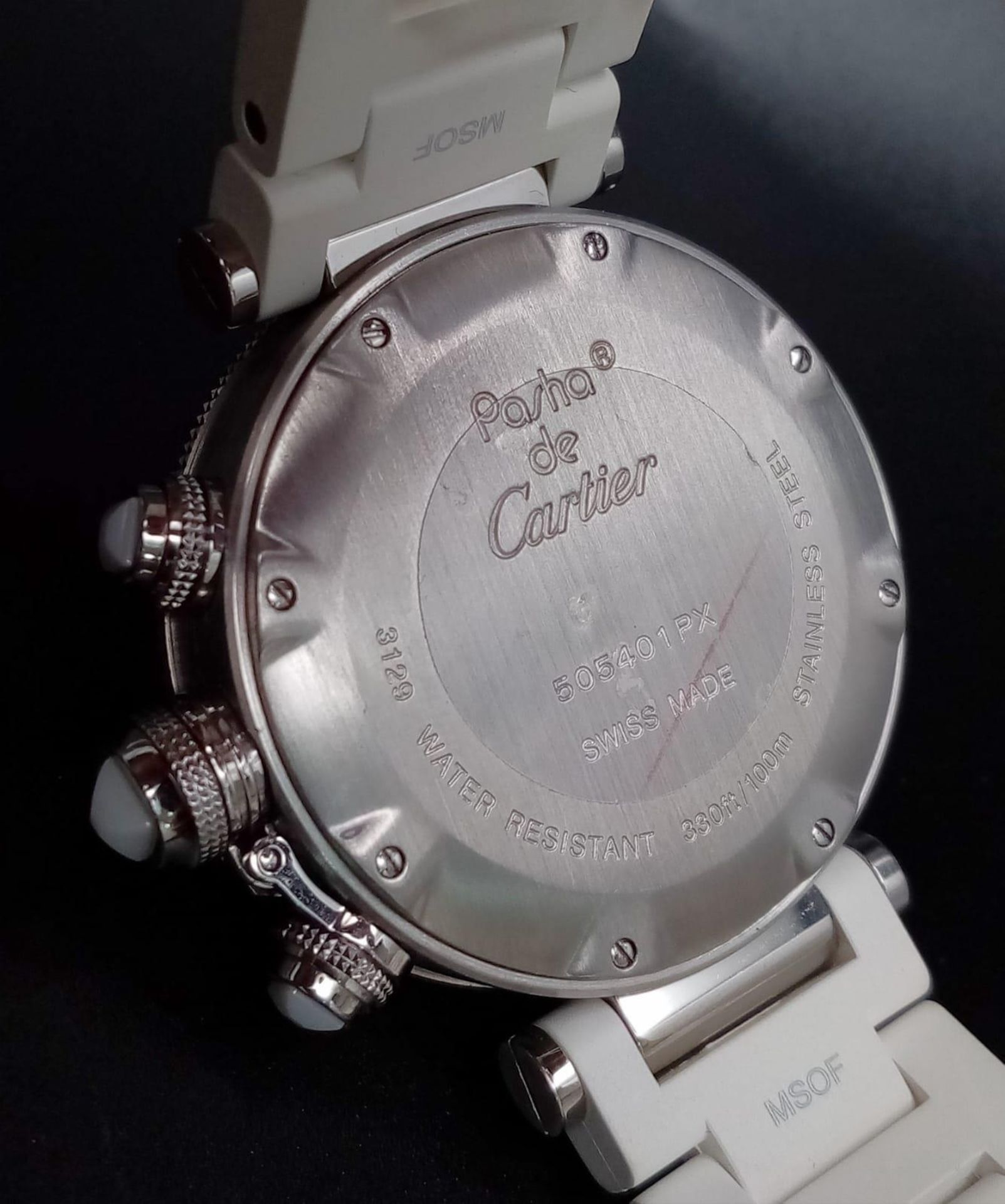 A Pasha de Cartier Automatic Ladies Chronograph Watch. White rubber strap. Stainless steel case - - Bild 8 aus 15