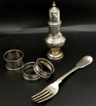 Heavy and Eclectic collection of Sterling Silver items. All hallmarked, 3 napkin rings, a fork and a