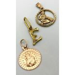 Three Different Style 9K Yellow Gold Pendants - Jesus and Mary, horoscope and E diamond! 1.2g