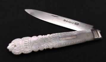 An Antique Sterling Silver Fruit Knife. Decorative mother of pearl handle. Hallmarks for Sheffield