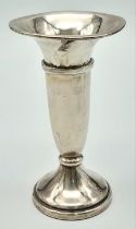 A Sterling Silver Rose Vase. Hallmarks for Birmingham 1977. 13cm tall. 120g total weight. Weighted