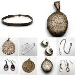 A Mixed Sterling Silver Lot. To include: two lockets, amethyst earrings, 3/4 small hoop earrings,