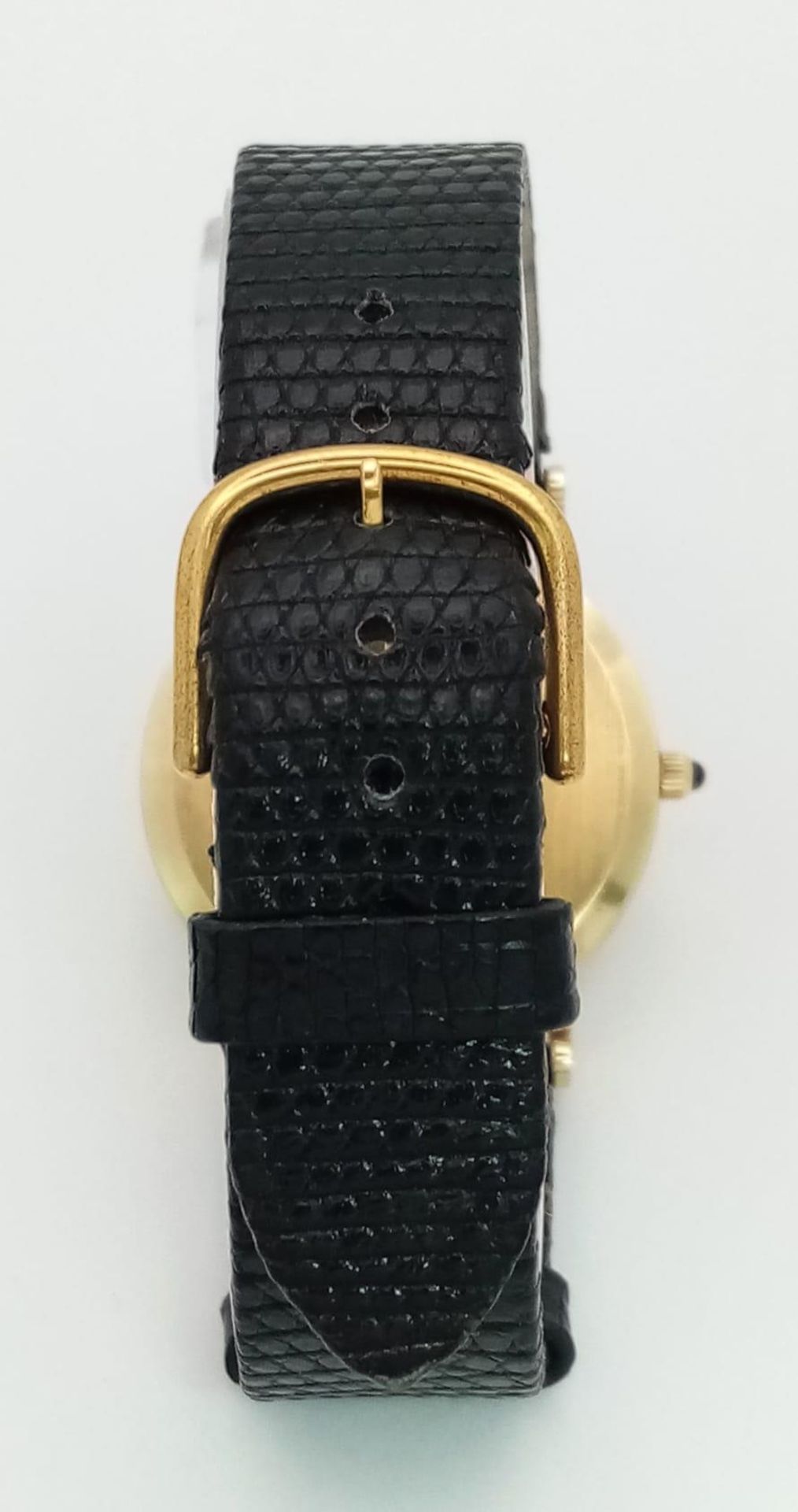 A Vintage 14K Gold Cased Tiffany and Co Ladies 'No Hands' Watch. Black leather strap. 14k gold - Bild 6 aus 9