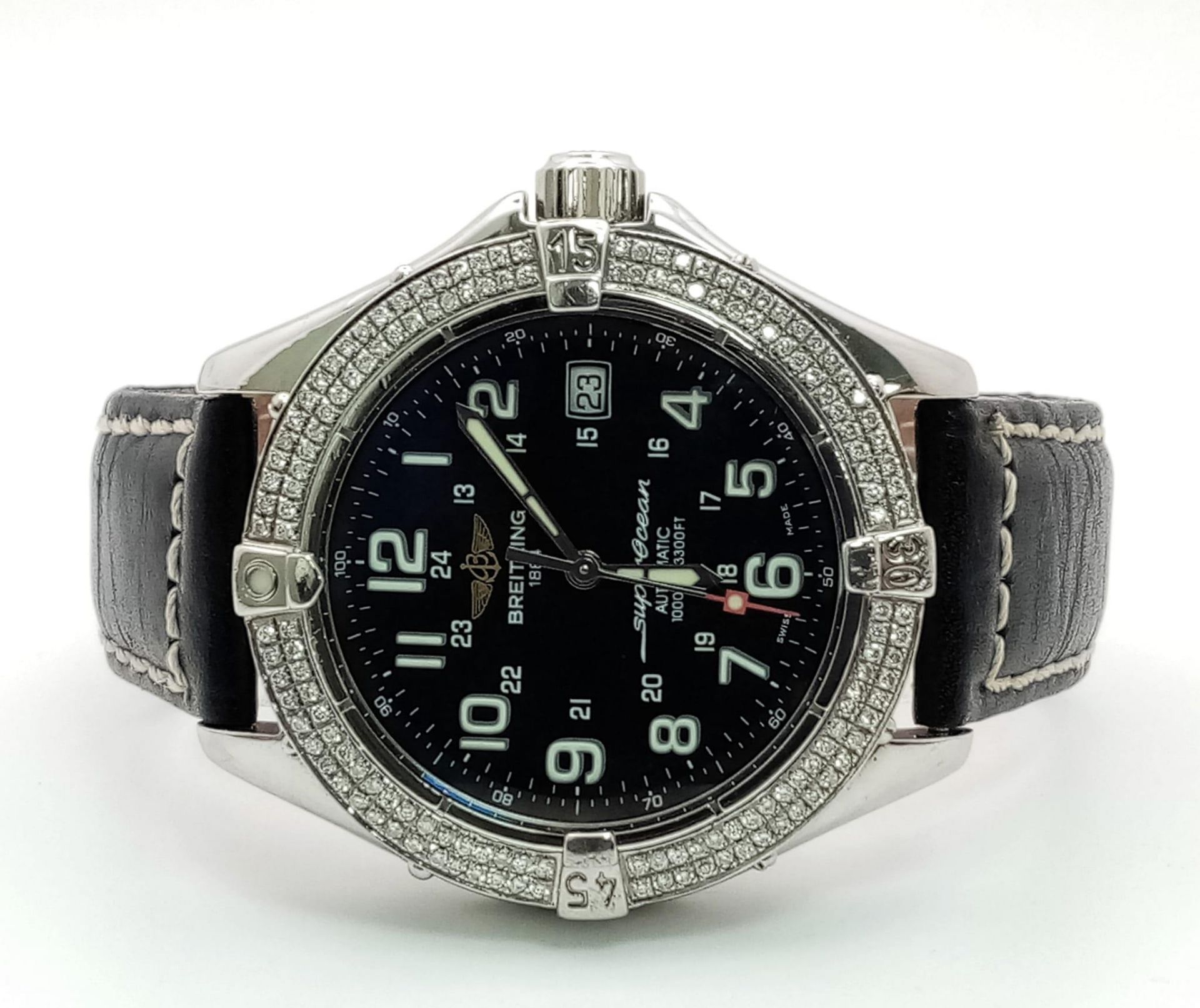 A Breitling SuperOcean Automatic Diamond Gents Watch. Black leather strap. Stainless steel and - Image 3 of 13