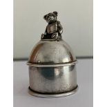 Vintage SILVER PILL BOX in dome form with a teddy bear sitting atop. Clear hallmark to base for
