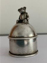 Vintage SILVER PILL BOX in dome form with a teddy bear sitting atop. Clear hallmark to base for