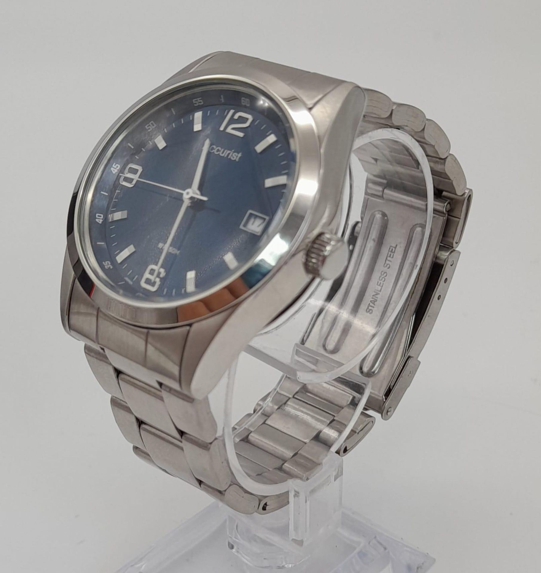 Excellent Condition, Accurist Blue Face Quartz Date Watch. 38mm Including Crown. Comes with Box,