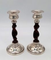 A Pair of Vintage Silver and Twisted Wood Candlesticks. Hallmarks for Chester 1931. Makers mark of