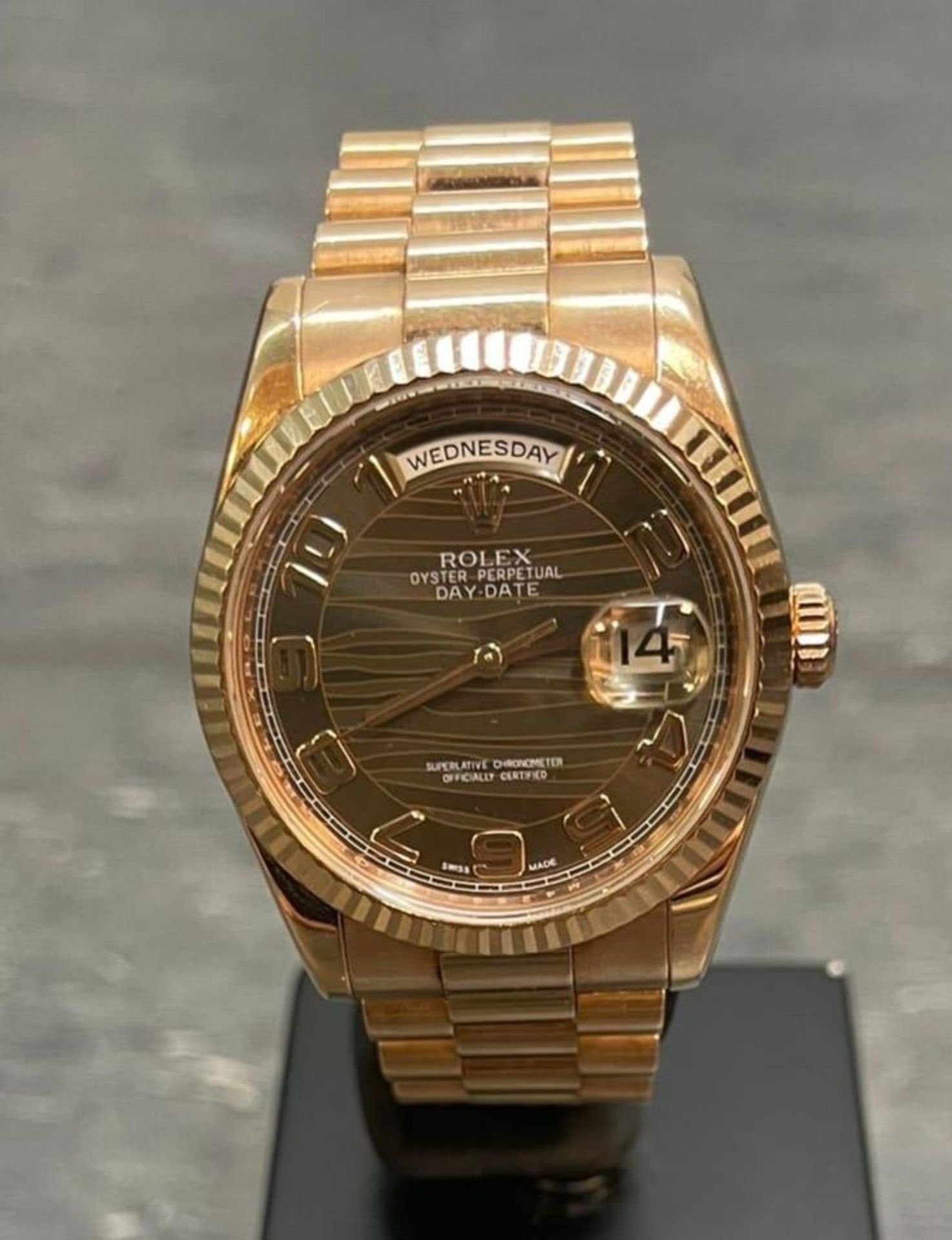 Rolex DayDate 18k Rose Gold 118205F 2012 with card and spare link, in full working order. No Box, - Image 10 of 17