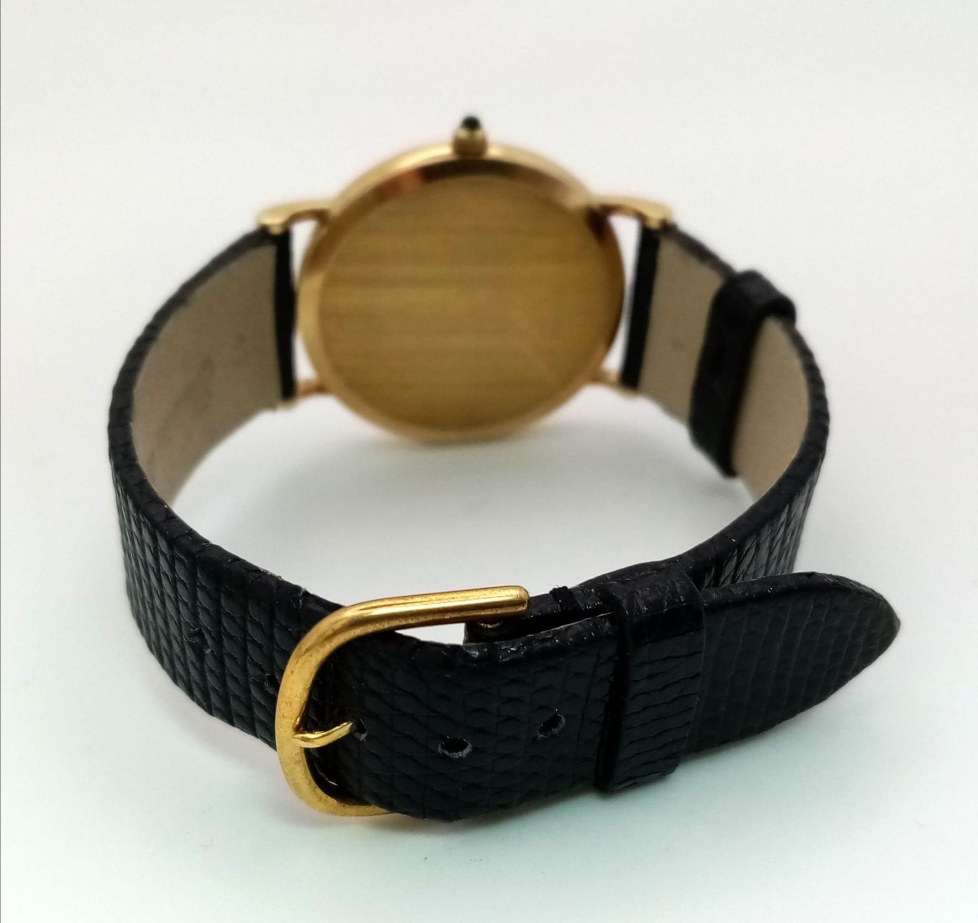 A Vintage 14K Gold Cased Tiffany and Co Ladies 'No Hands' Watch. Black leather strap. 14k gold - Bild 5 aus 9