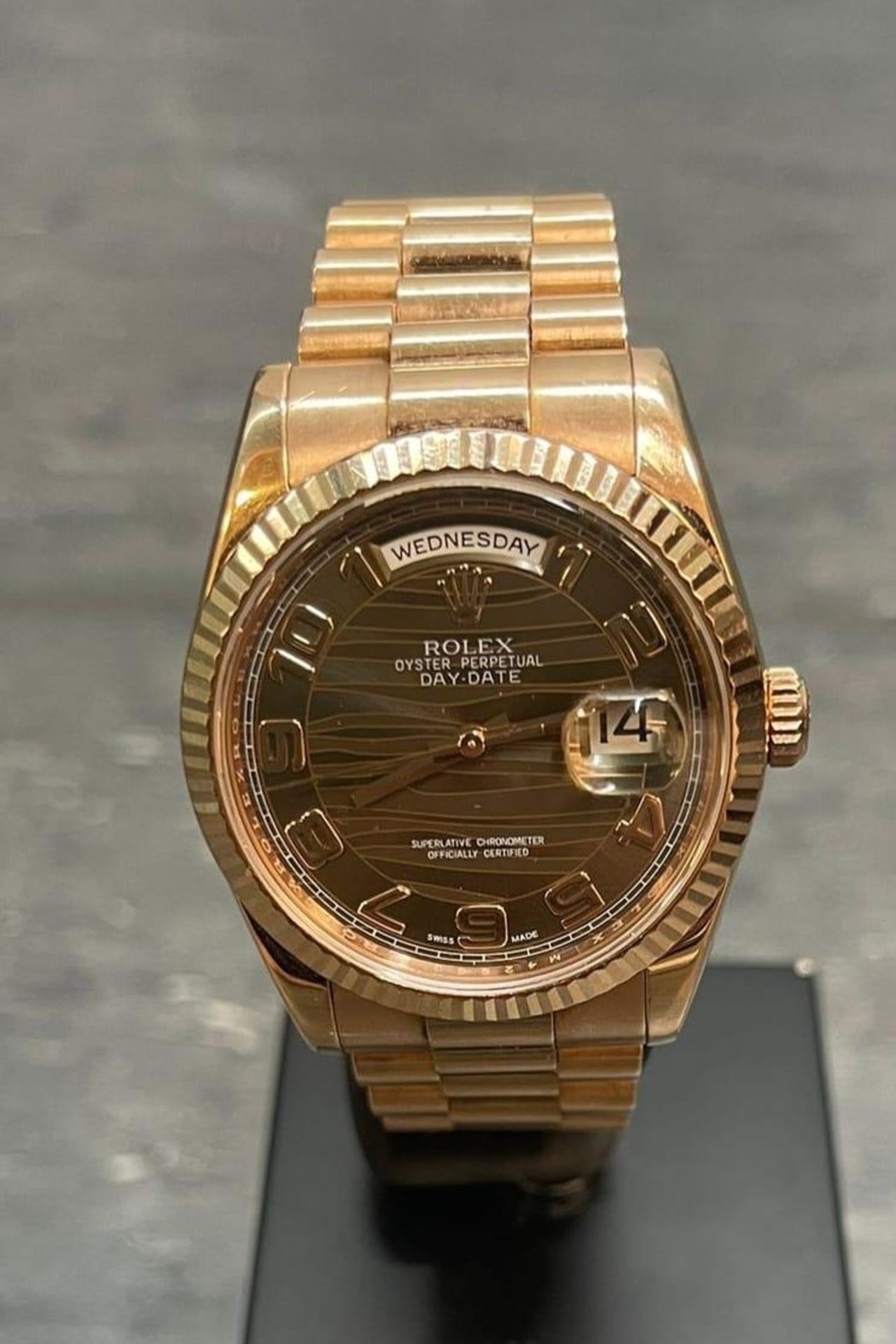 Rolex DayDate 18k Rose Gold 118205F 2012 with card and spare link, in full working order. No Box, - Image 8 of 17