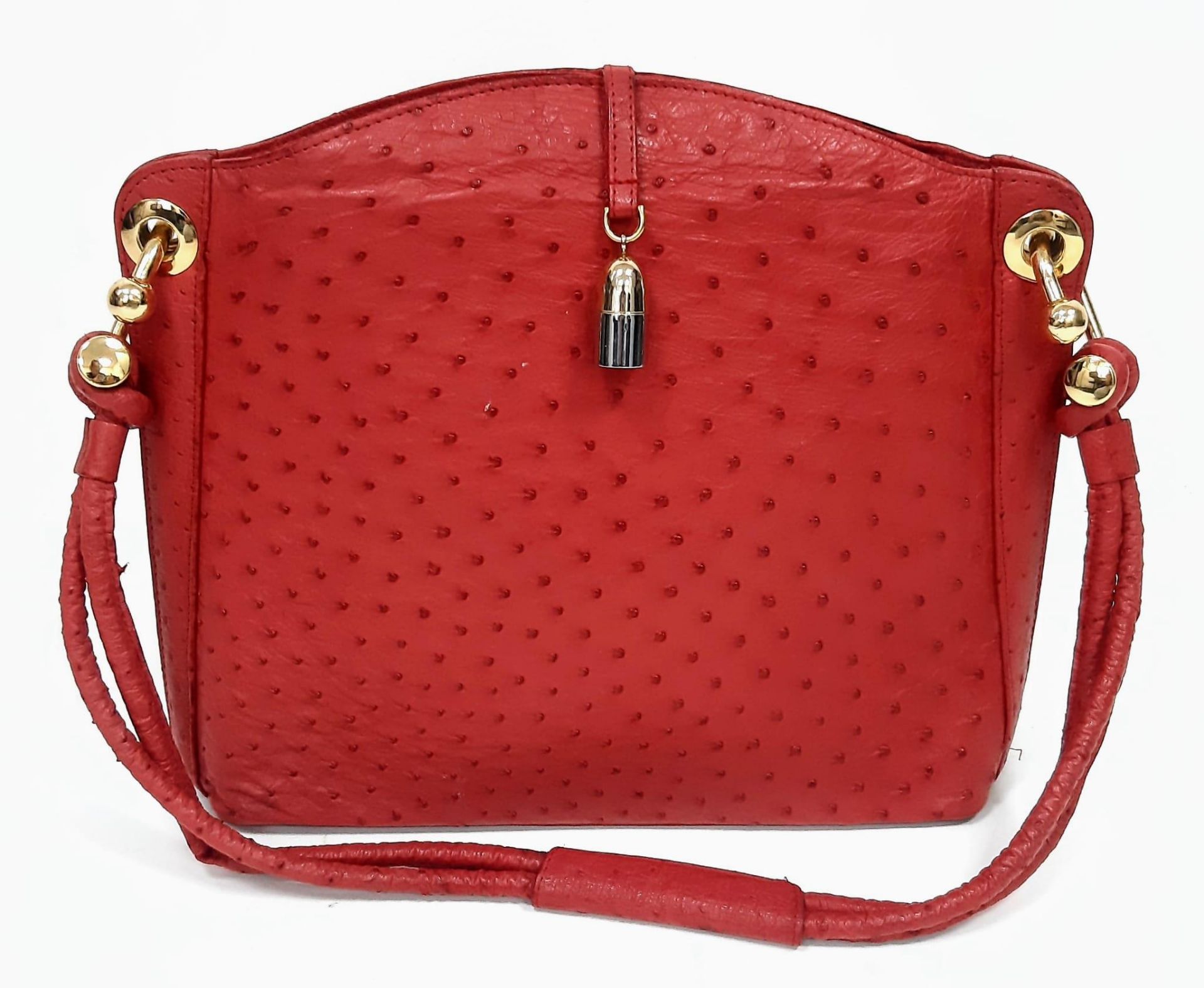 Vintage Red Sabatini Ostrich Leather Handbag. Feels amazing to the touch, gold tone chunky