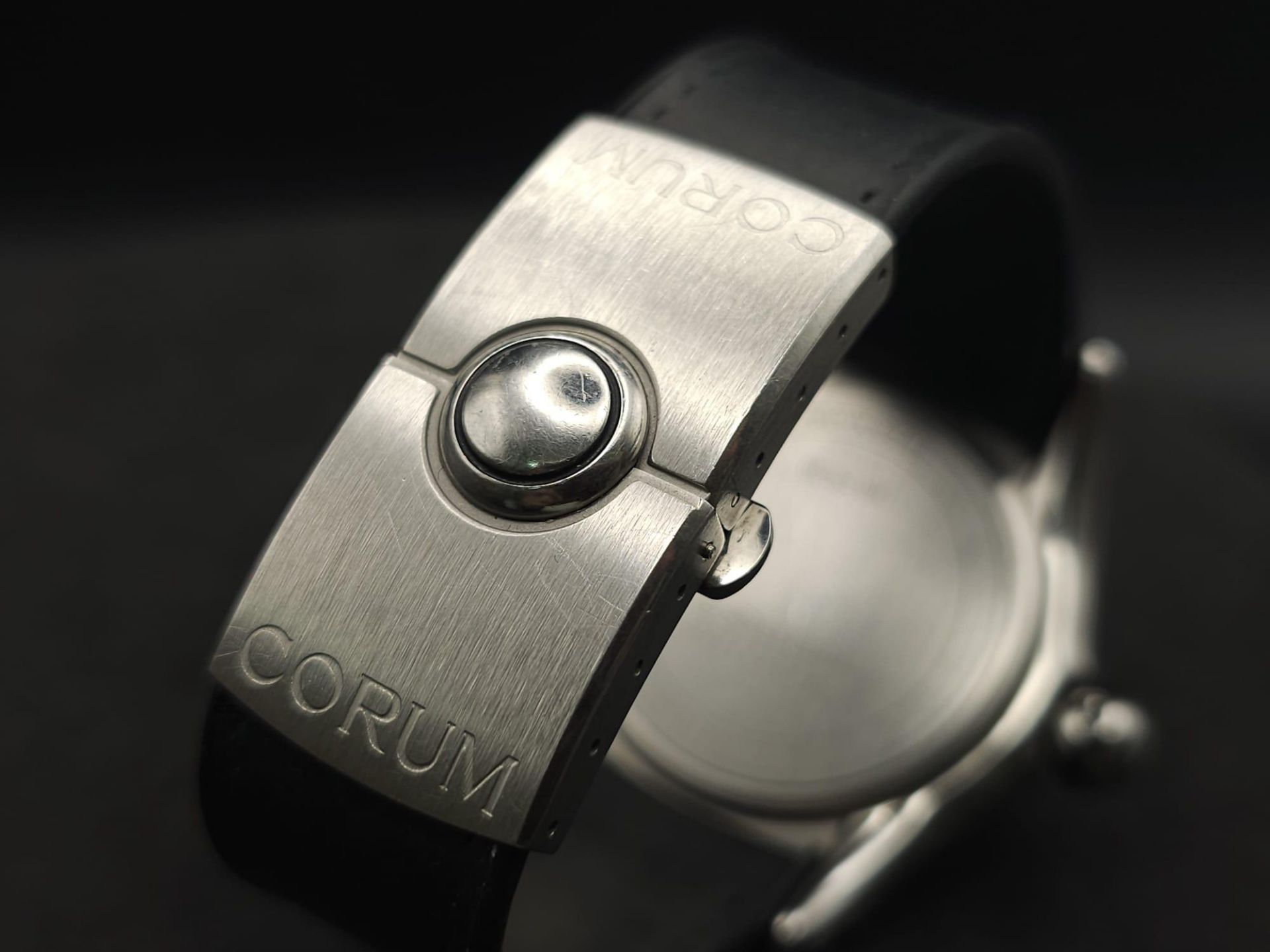 A Corum Boutique Diamond Ladies Watch. Black leather strap. Stainless steel diamond encrusted - Image 9 of 13