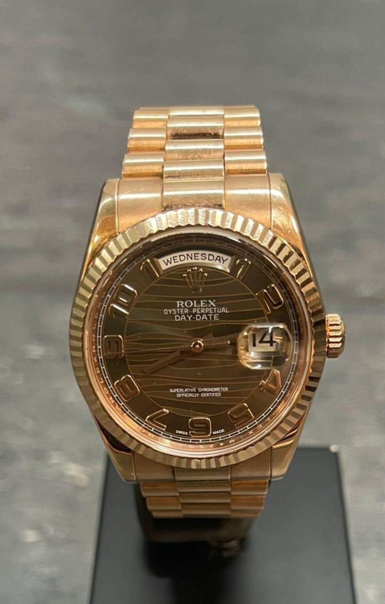 Rolex DayDate 18k Rose Gold 118205F 2012 with card and spare link, in full working order. No Box, - Image 6 of 17