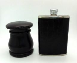 An Ebony Trinket Box and a Small Stainless steel and Leather Nip Flask! 10cm flask height. 7cm -
