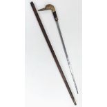 An Antique, Rare Design, Concealed Sword Stick with Duck Shape Brass Handle. Brass Ferrule Turns