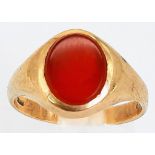 A Vintage 9K Yellow Gold Carnelian Signet Ring. Oval cabochon. Size O. 3.47g total weight.