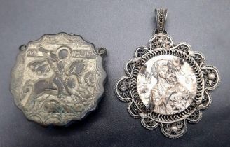 TWO ITEMS: An antique silver filigree, Greek Orthodox religious pendant depicting Virgin Mary with