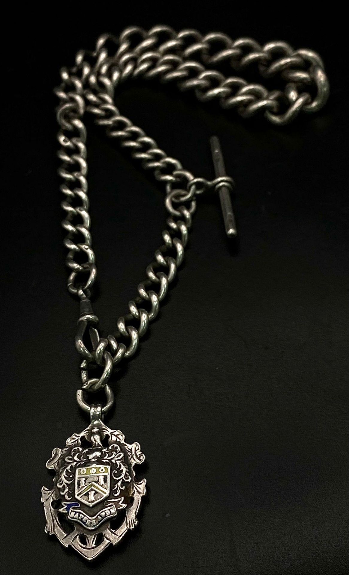 An Antique Sterling Silver Watch Chain with Fob. Hallmarks for Chester 1912. Makers mark of Robert - Image 3 of 8