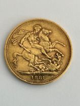 Queen Victoria GOLD SOVEREIGN 1881 Melbourne mint. Very fine condition. Young head.