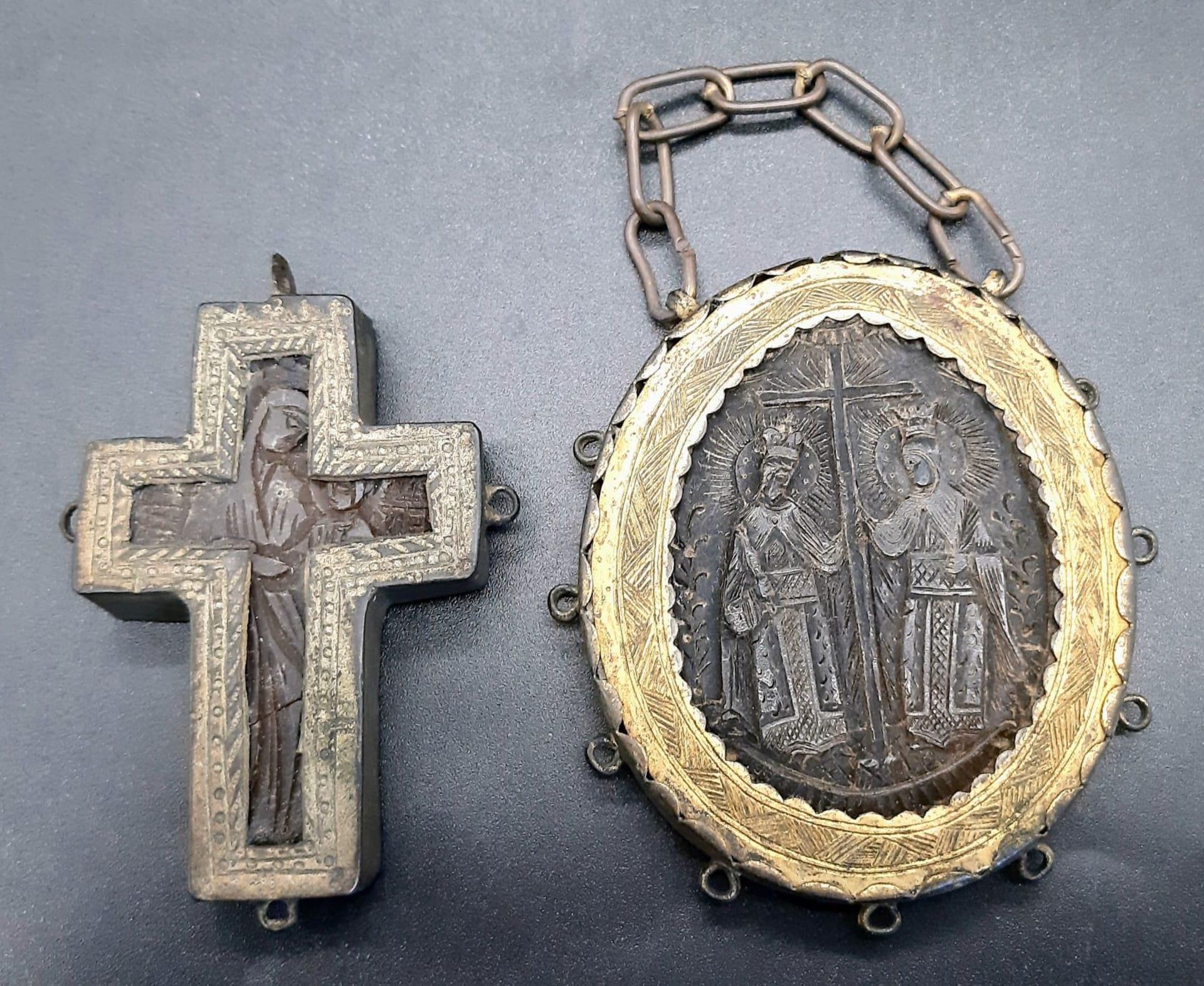 TWO antique, Meta Byzantine, Greek Orthodox, Episcopal, Religious pectoral pendants. One oval and - Image 4 of 5