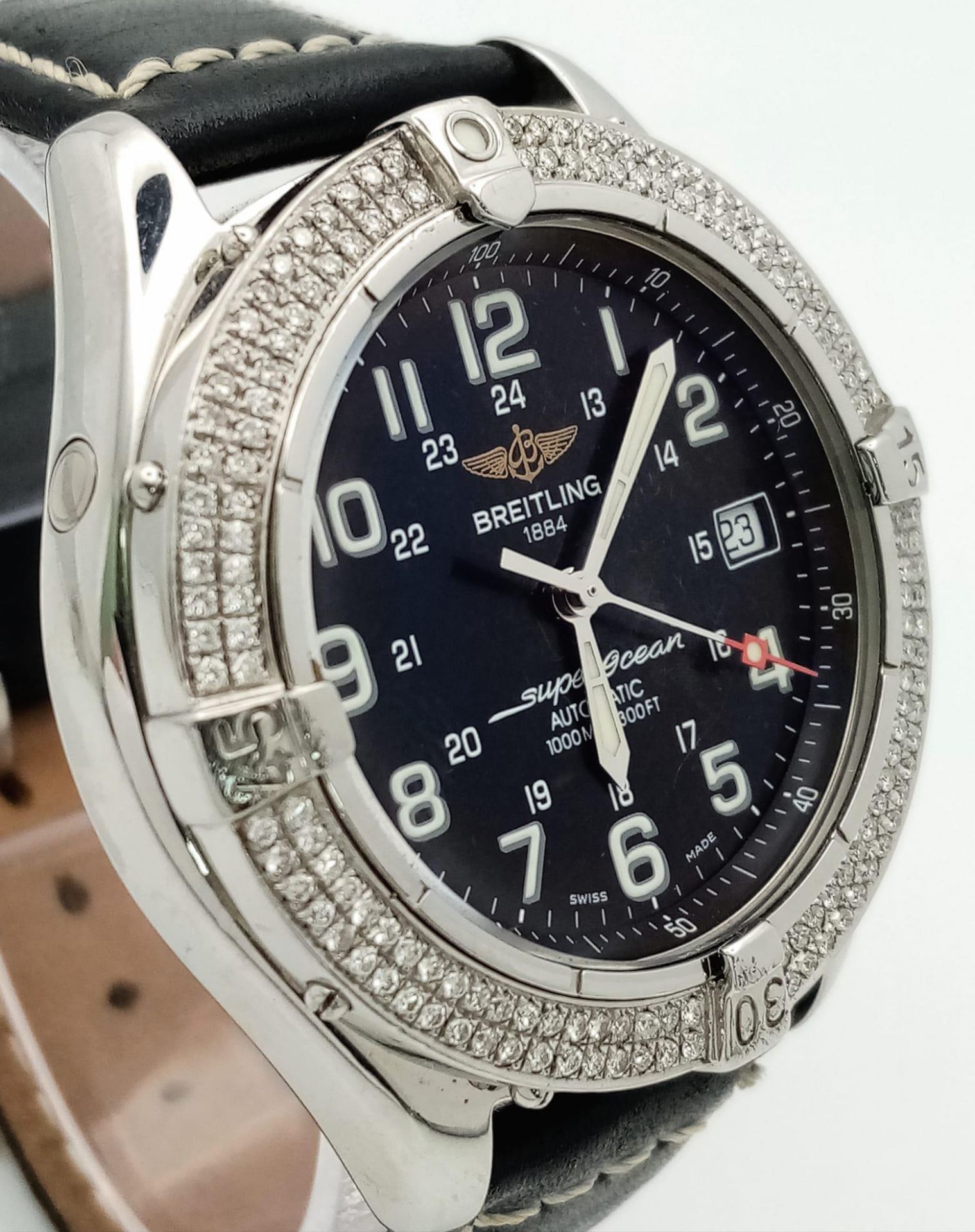 A Breitling SuperOcean Automatic Diamond Gents Watch. Black leather strap. Stainless steel and - Image 8 of 13