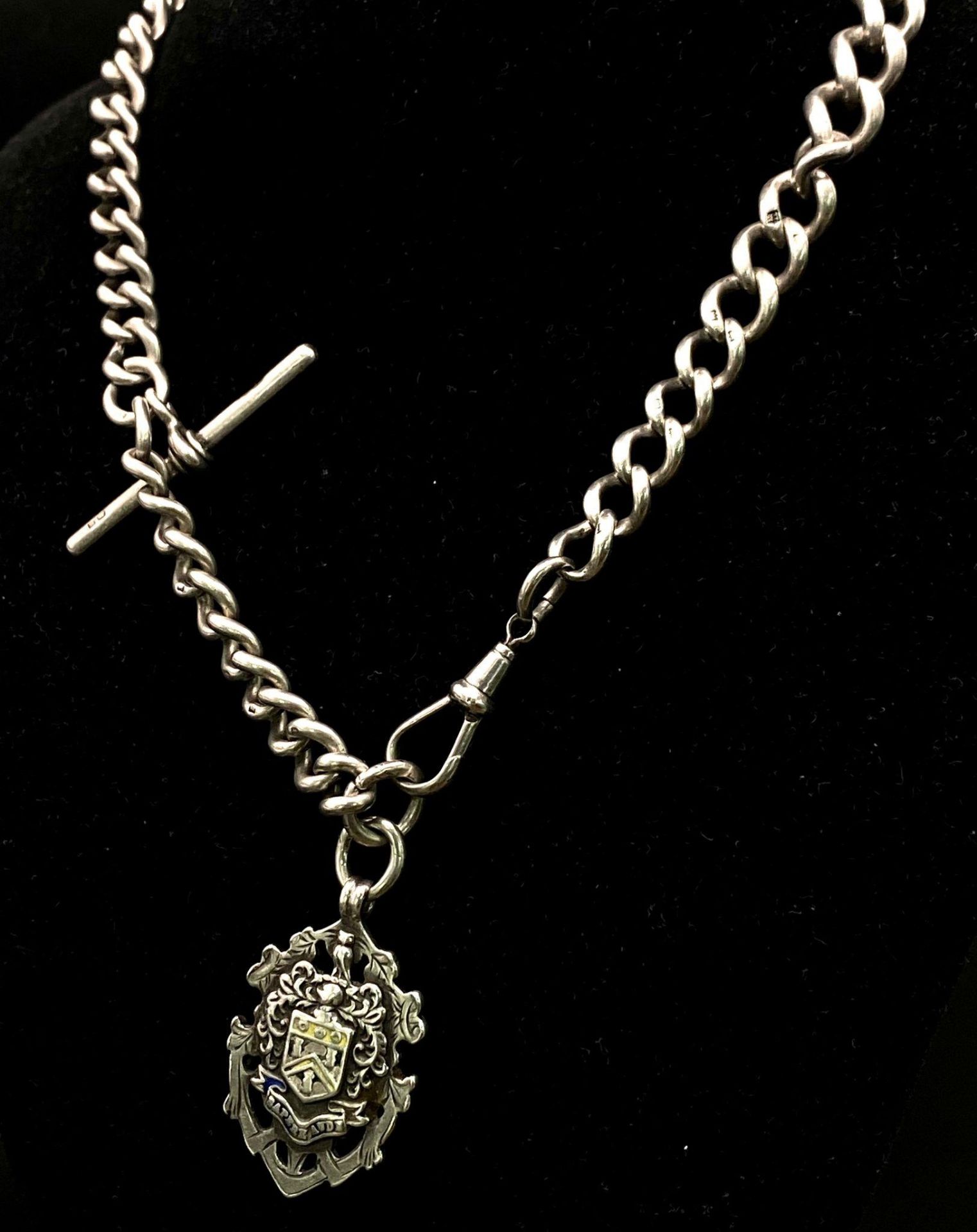 An Antique Sterling Silver Watch Chain with Fob. Hallmarks for Chester 1912. Makers mark of Robert - Image 2 of 8