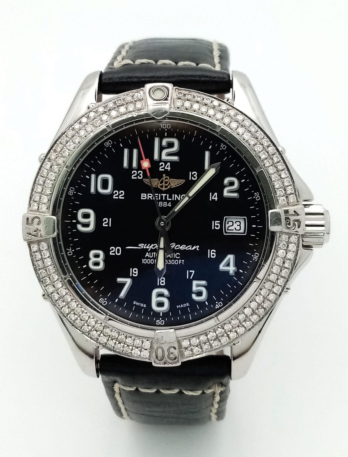 A Breitling SuperOcean Automatic Diamond Gents Watch. Black leather strap. Stainless steel and - Image 4 of 13